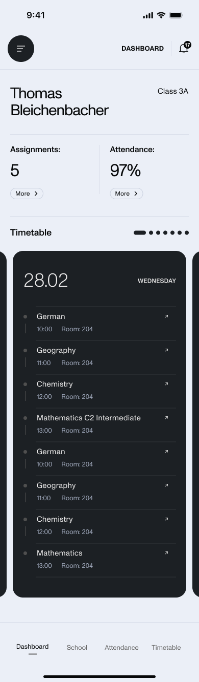 Student dashboard — daily timetable