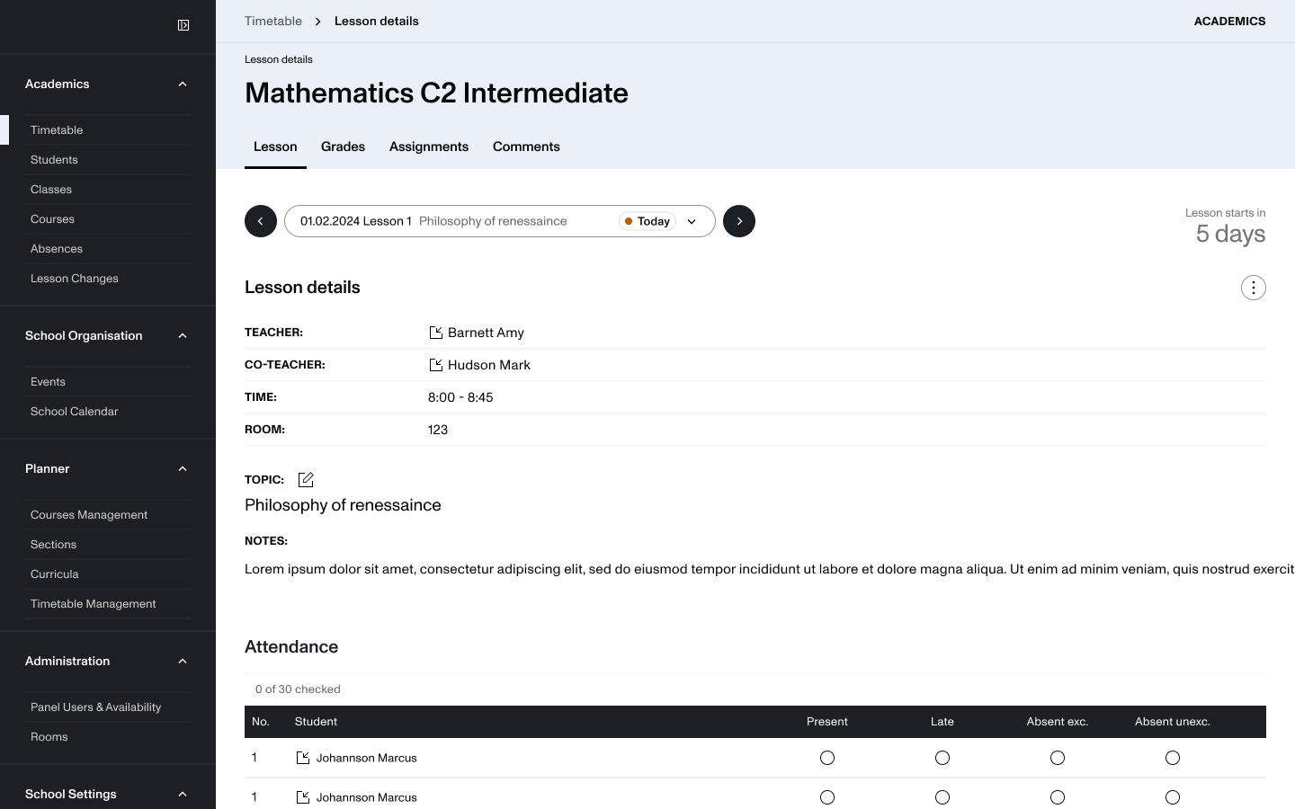 Lesson details with attendance register