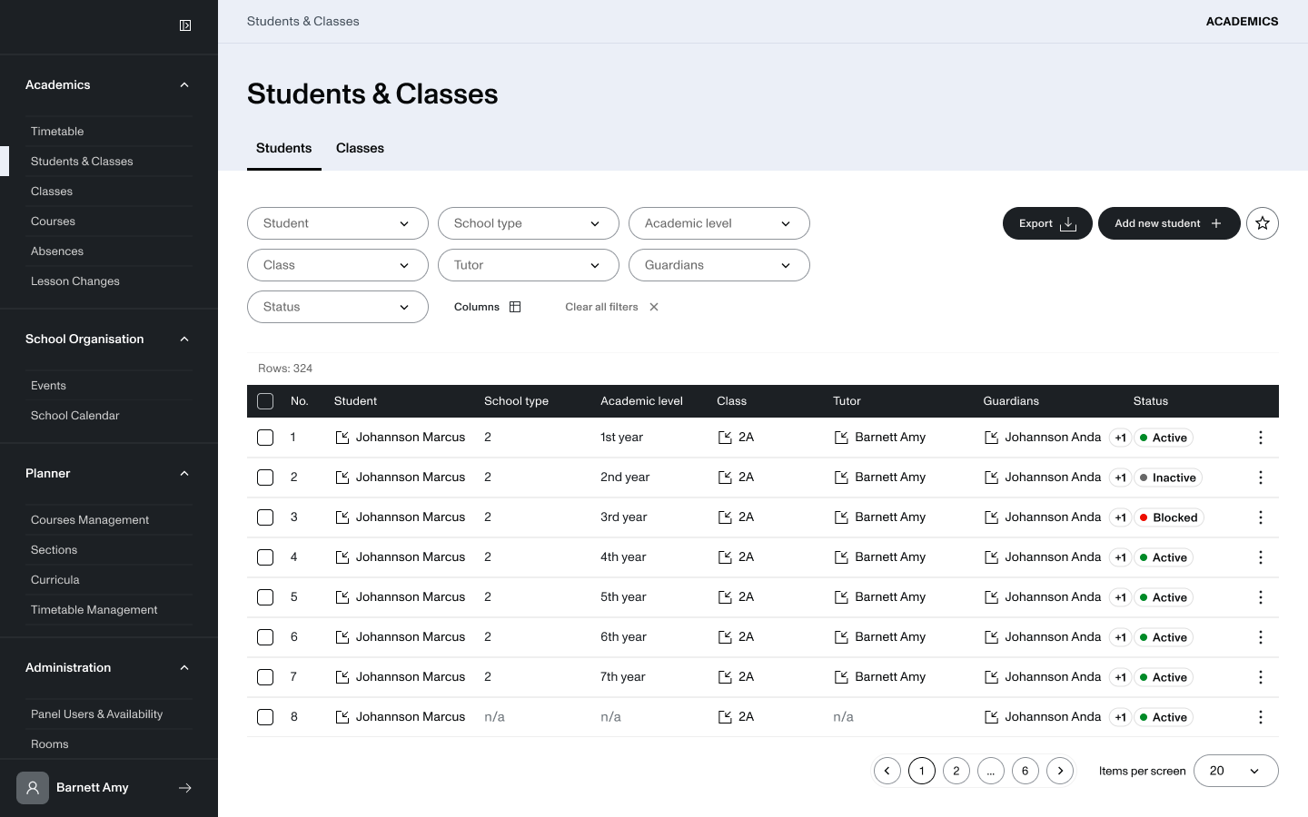 Students and classes database with filtering