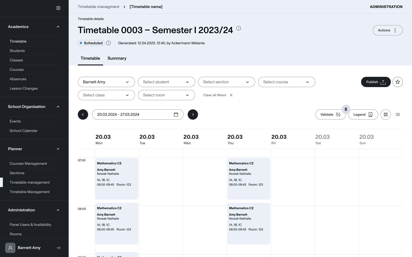 Timetable generator — weekly scheduling grid across rooms, staff and classes